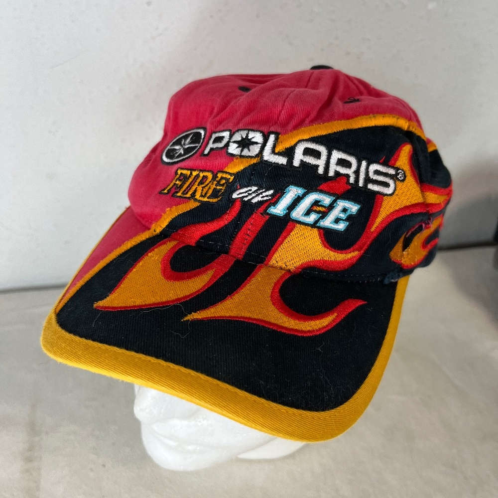 Vintage Polaris Hat Strapback Cap Red Embroidered Flame Tribal Y2K distressed